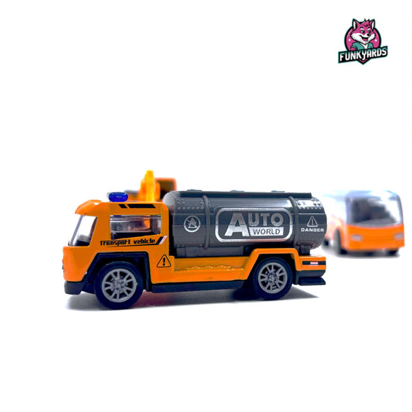 Qizhuo 3 in 1 Die Cast Metal Pull Back Cast Engineering Vehicle Play Toy Including Oil Container Truck, JBC Truck, Employee Bus (Yellow) - Image 3