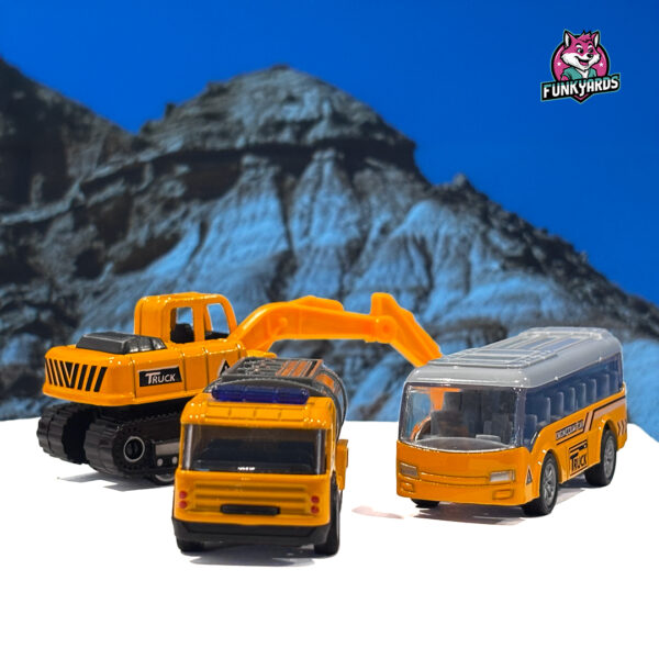 Qizhuo 3 in 1 Die Cast Metal Pull Back Cast Engineering Vehicle Play Toy Including Oil Container Truck, JBC Truck, Employee Bus (Yellow)